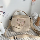 Preppy Style Student Tote Corduroy Bag Embroidery Girl Bear Shoulder Bag