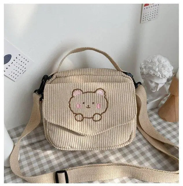Preppy Style Student Tote Corduroy Bag Embroidery Girl Bear Shoulder Bag