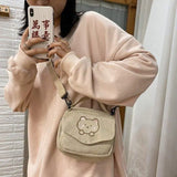Preppy Style Student Tote Corduroy Bag Embroidery Girl Bear Shoulder Bag
