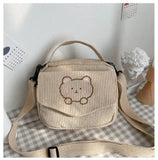 Preppy Style Student Tote Corduroy Bag Embroidery Girl Bear Shoulder Bag