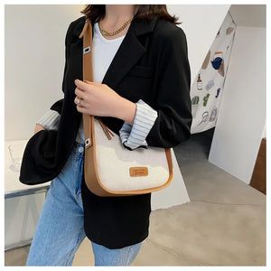 Canvas Texture Messenger Bag with Wide Shoulder Strap for Women