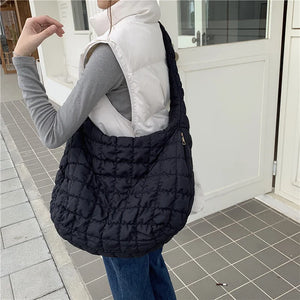 Large Quilted Nylon Shoulder Bag Ruched Handbag