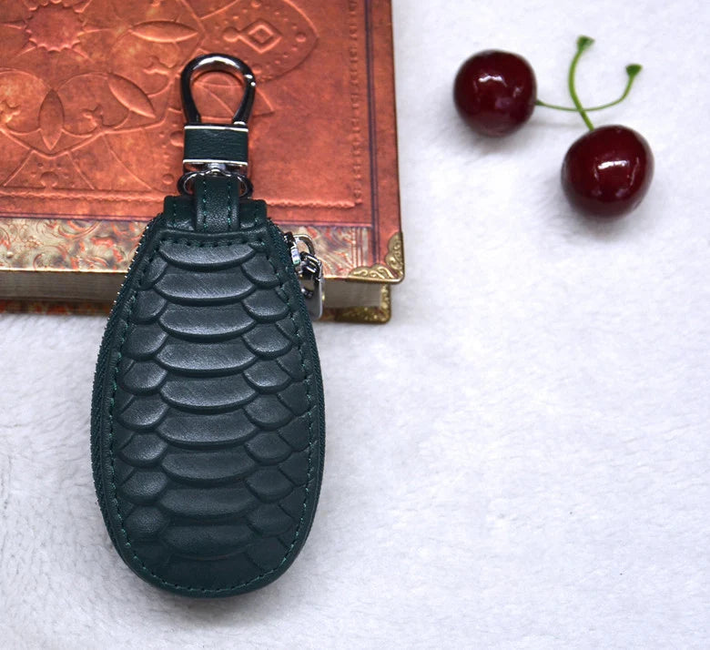Leather Car Key Case Keychain Zipper Pouch Snake Pattern Key Holder