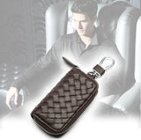 Woven Leather Key Pouch Keychain Zipper Wallet