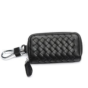 Woven Leather Key Pouch Keychain Zipper Wallet
