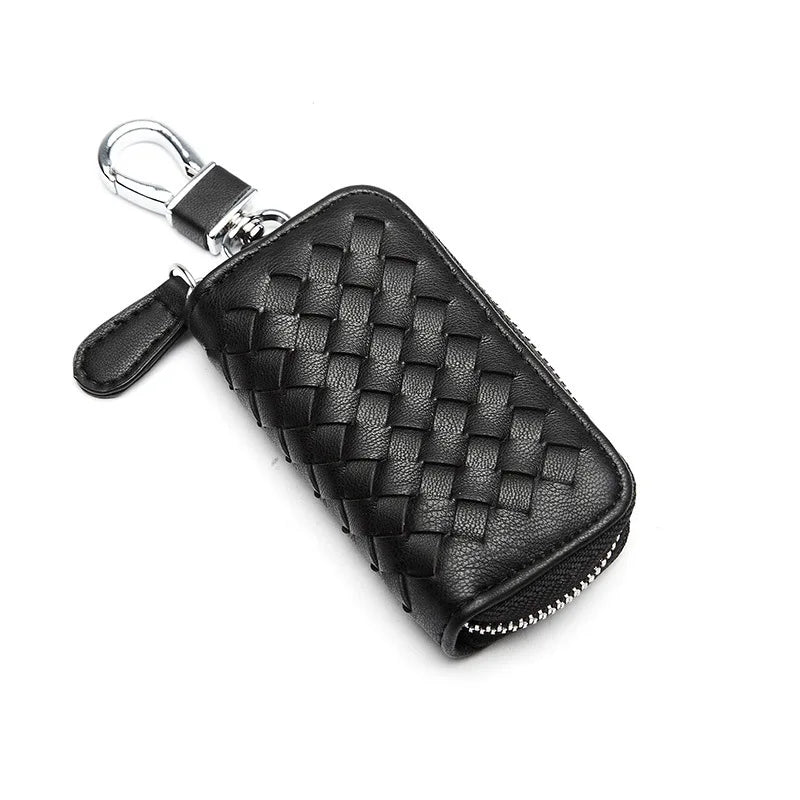 Woven Leather Key Pouch Keychain Zipper Wallet
