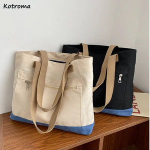 Large Capacity Tote Bag Women Canvas Zipper Shoulder Harajuku Handbag