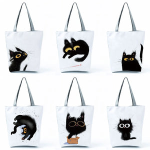 Cartoon Cat Printed Tote Eco-Friendly Women Shoulder Bag
