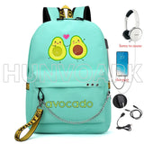 Cartoon Avocado Backpack for Teenage Girls USB School Bag