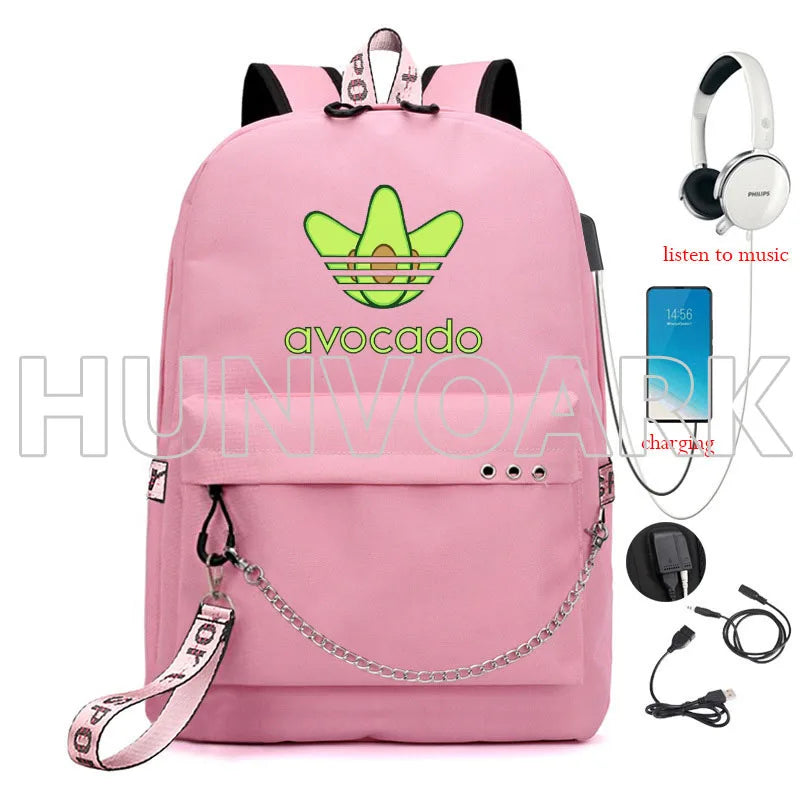 Cartoon Avocado Backpack for Teenage Girls USB School Bag