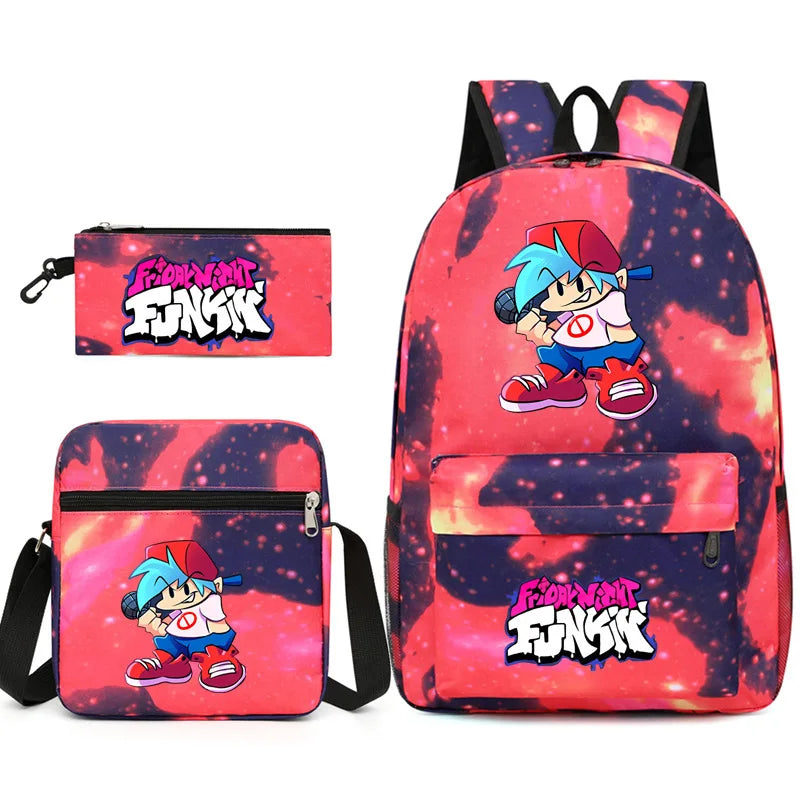 3 Pcs Friday Night Funkin Anime School Bags Set Boys Girls Teens Bagpacks