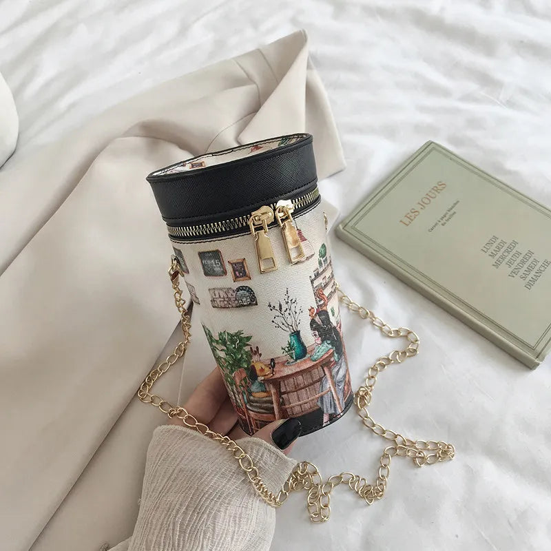 Female Cartoon Printing Cylinder Bag Mini Shoulder Messenger Bag