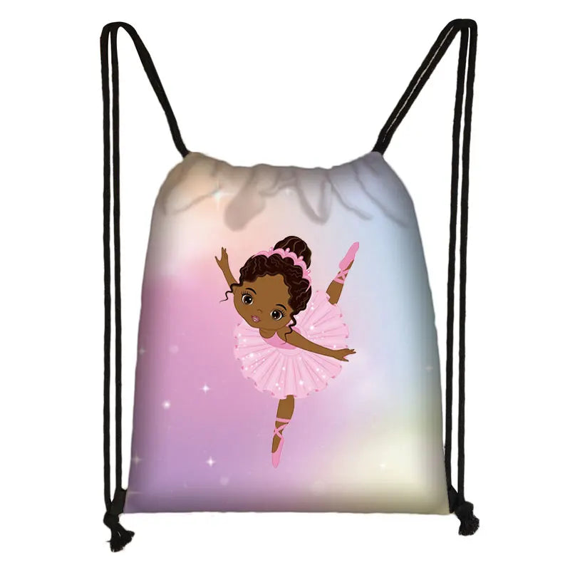 Cartoon Ballet Dancer Drawstring Bag Afro Girls Storage Bag Lady Backpack