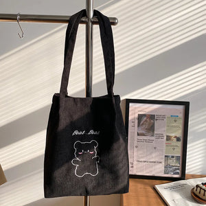 Cute Bear Embroidered Women Shoulder Bag Corduroy Student Girls Tote