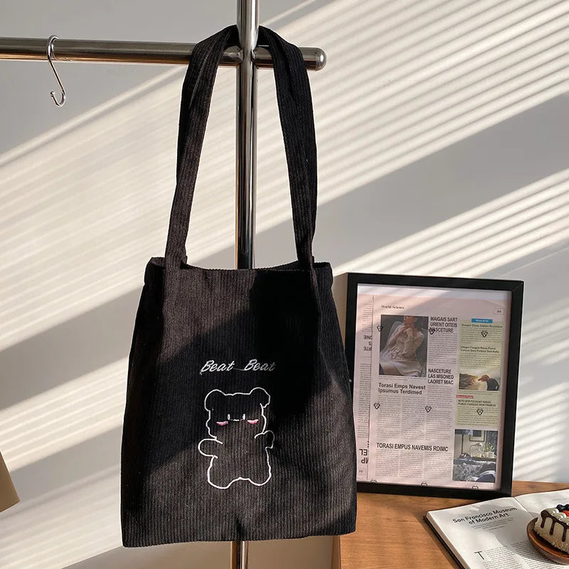 Cute Bear Embroidered Women Shoulder Bag Corduroy Student Girls Tote