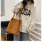 Cute Bear Embroidered Women Shoulder Bag Corduroy Student Girls Tote