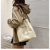 Cute Bear Embroidered Women Shoulder Bag Corduroy Student Girls Tote