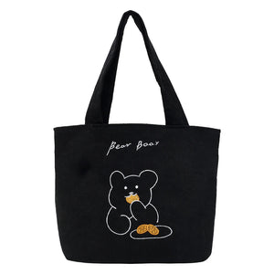 Bear Pattern Shoulder Bag Corduroy Satchel Travel Large Capacity