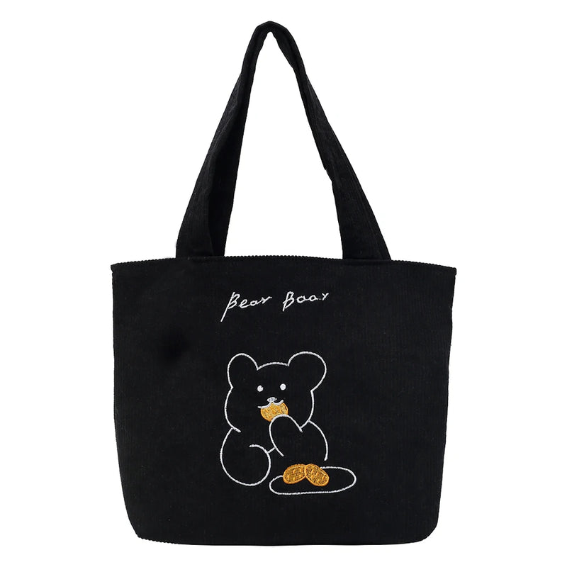 Bear Pattern Shoulder Bag Corduroy Satchel Travel Large Capacity