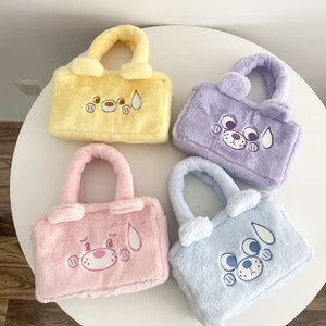 Embroidered Bear Plush Shoulder Bag Furry Purse Women's Handbag