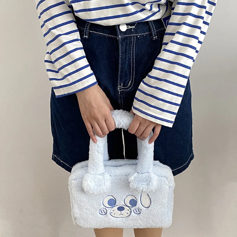 Embroidered Bear Plush Shoulder Bag Furry Purse Women's Handbag