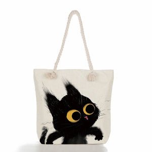 Cartoon Cat Print Handbags Thick Rope Women Tote High Capacity Shoulder Bag