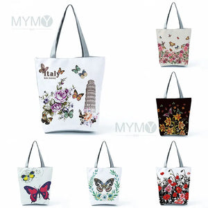 Cartoon Butterfly Flowers Print Handbag Eco Friendly High Capacity