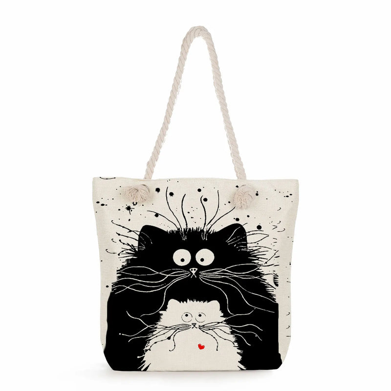 Cartoon Cat Print Eco Reusable Handbags Japanese Style Tote