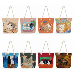 Cartoon Cat Print Shopping Bags Eco Reusable Handbags Womens Totes
