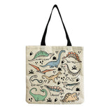 Dinosaur Printed Tote Linen Girl Shoulder Bag Large Capacity Travel Storage Pack