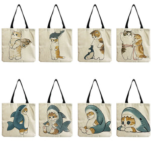 Shark Cat Print Tote Bag Eco Friendly Women Shoulder Bag