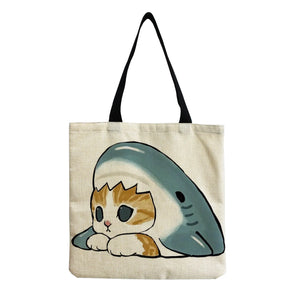 Shark Cat Print Tote Bag Eco Friendly Women Shoulder Bag