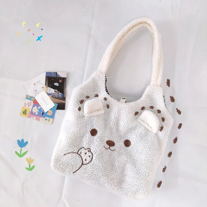 Embroidery Lamb Wool Handbag Winter Plush Shopper Women Tote Bag