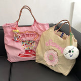 Embroidery Women Nylon Shoulder Bag Donut Sweet Girls Travel Tote Handba