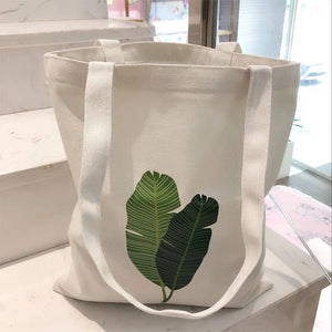 Women Canvas Handbags Printing Banana Leaf Shoulder Bags Handle Shopping Bags