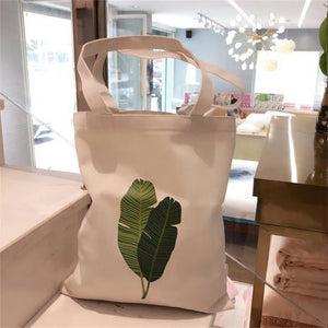 Women Canvas Handbags Printing Banana Leaf Shoulder Bags Handle Shopping Bags