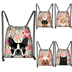 Cartoon Flowers Cats Dogs Drawstring Bag Learning Backpack