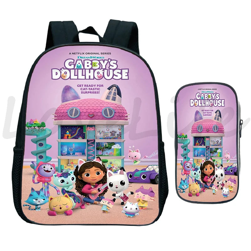 Gabbys Dollhouse Backpack 2Pcs/Set Kids School Bag Pen Bag Boys Girls Bookbag