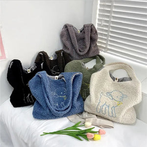 Embroidered Lamb Fabric Handbag for Women