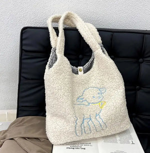 Embroidered Lamb Fabric Handbag for Women