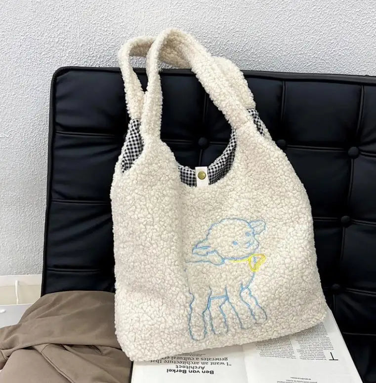 Embroidered Lamb Fabric Handbag for Women