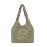 Embroidered Lamb Tote Plush Shoulder Bag for Women