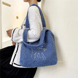 Embroidered Lamb Tote Plush Shoulder Bag for Women
