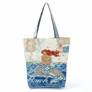Cartoon Mermaid Printed Tote Travel Eco Friendly Women Shoulder Bags