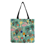 Cartoon Mushroom Print Female Shopping Bag Bright Colors Linen Handbag