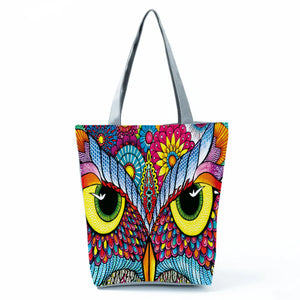 Cartoon Owl Print Handbags Portable Shoulder Tote Reusable Shopping Bags