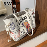 Cartoon Pattern Tote Bag PU Leather Women's Handbags Shopper Shoulder Bag