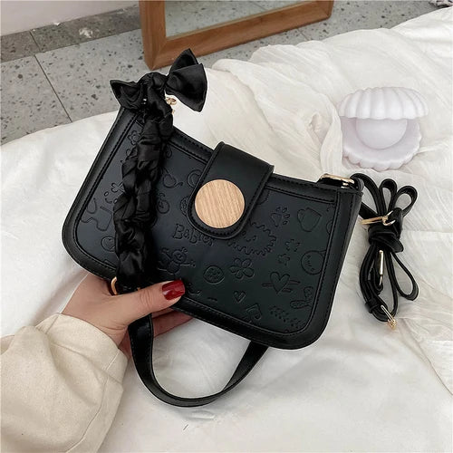 Cartoon Pattern Embossed Shoulder Bag for Women Silk Scarf Zipper