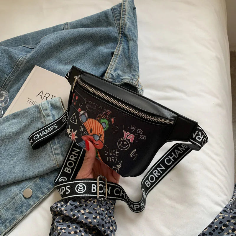 Cartoon Pattern Waist Bag Women's Leather Fanny Pack Crossbody Pouch Purse