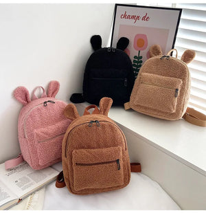 Fluffy Plush School Bag with Bunny Ears Zipper